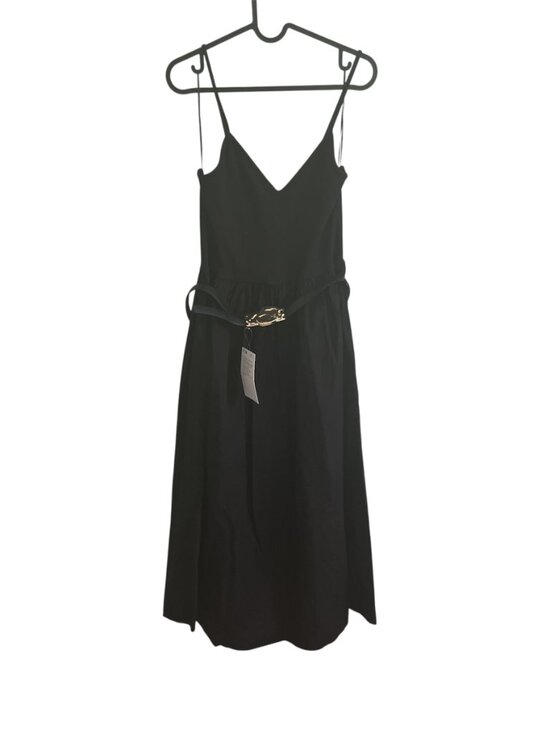 Zara Black Belted Midi Dress Large V-Neck Spaghetti Strap Organic Cotton NWT - Picture 5 of 10